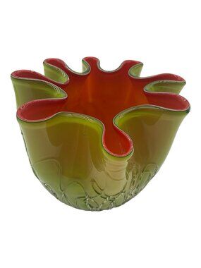Styled MCM Fire Red and Acid Green Free Form Clear Veined Art Glass BOWL
